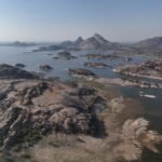 Aerial view of Jawai hills and dam during sunrise safari