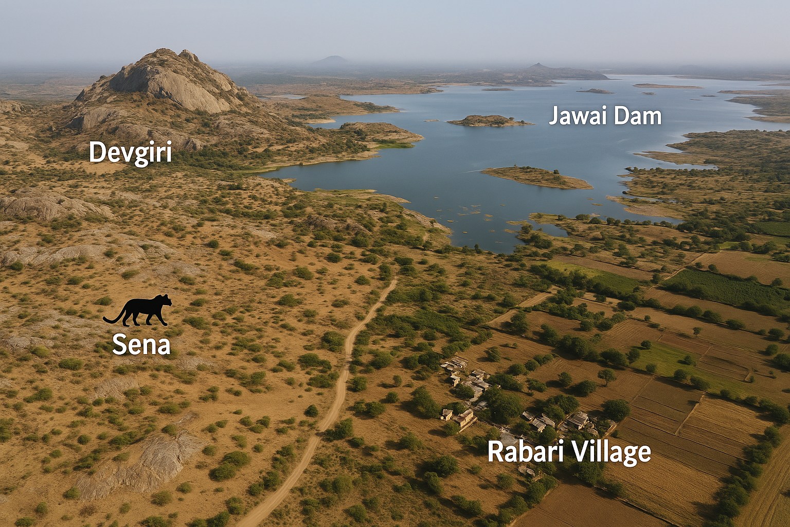 Jawai Leopard Reserve Map β Devgiri Hills and Jawai Dam Zones Realistic aerial view of Jawai Leopard Reserve in Rajasthan showing Jawai Dam, Devgiri Hills, Sena Zone and Rabari Village