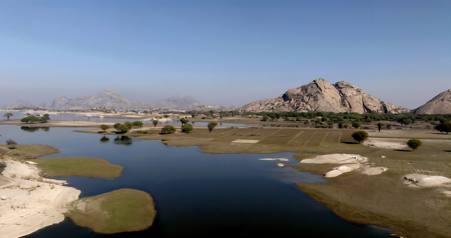 Jawai Dam sunset viewpoint with calm water and granite hills in Rajasthan