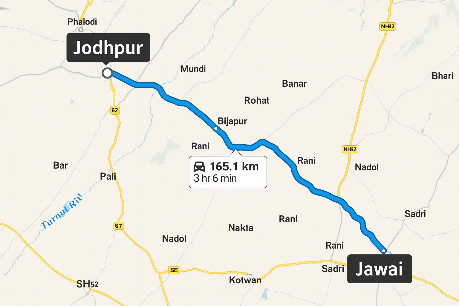 Road route map from Jodhpur to Jawai Rajasthan