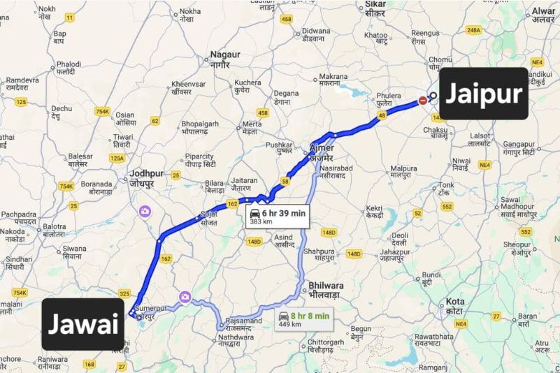 Road route map from Jaipur to Jawai Rajasthan
