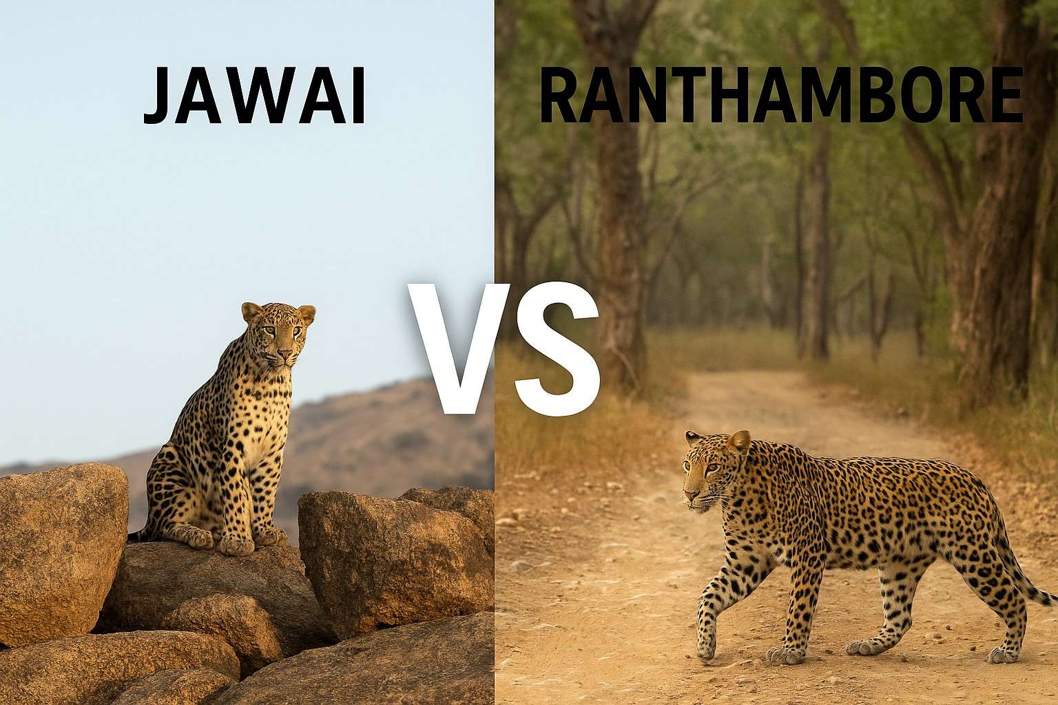 A leopard on the rocky hills of Jawai compared with another leopard walking through Ranthambore forest, showing the difference in habitats for leopard safaris in Rajasthan.