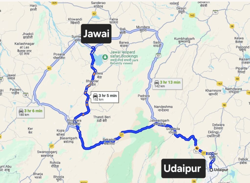 Best Things to Do in Jawai: Your Complete Travel Guide Route map showing the road from Udaipur to Jawai for leopard safari and travel planning.
