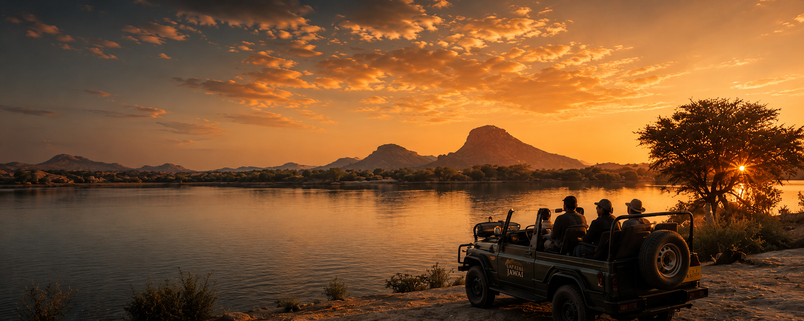 Experience the Best Jawai Leopard Safari in Rajasthan Tourists enjoying a luxury leopard safari near Jawai Dam at sunset in Rajasthan India