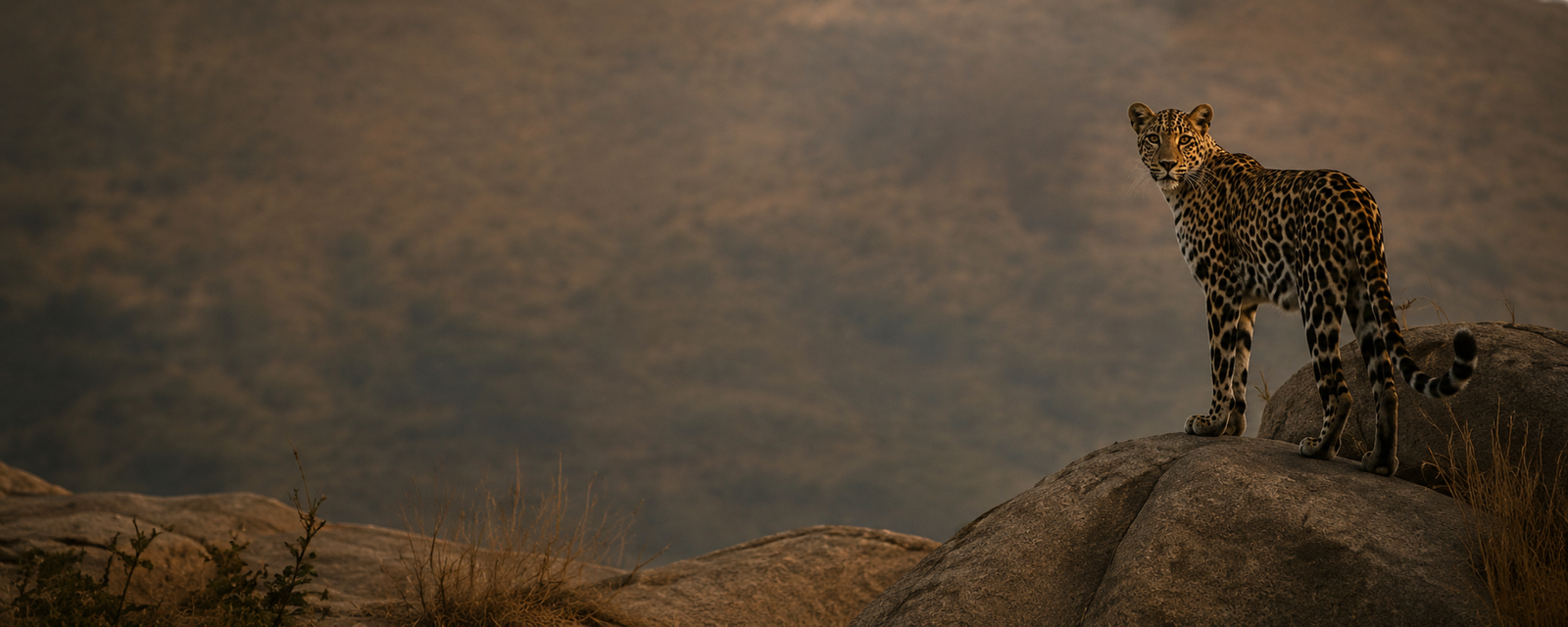 Experience the Best Jawai Leopard Safari in Rajasthan Leopard standing on rocky hills during a safari in Jawai Rajasthan